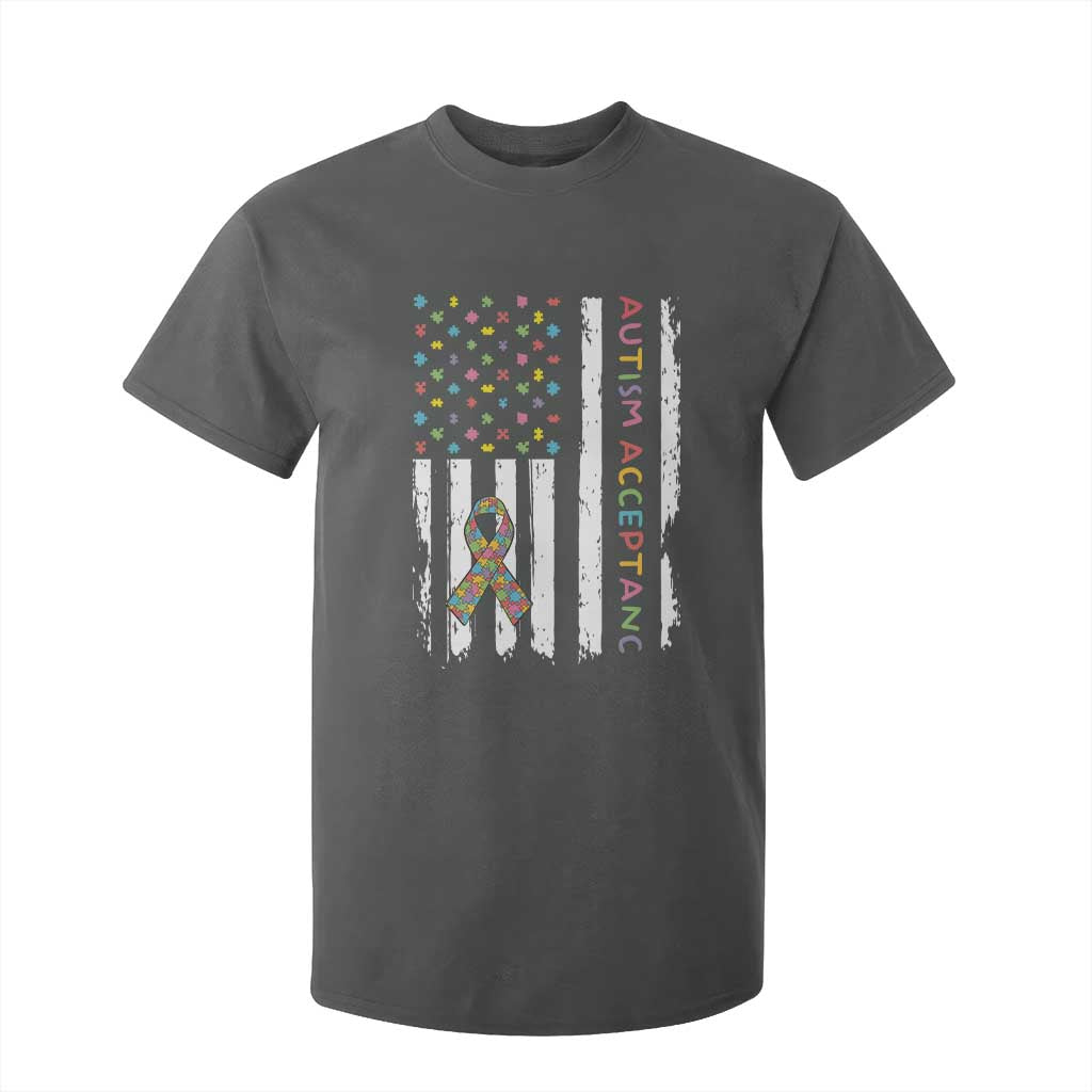 Autism Acceptance T Shirt For Kid American Flag Neurodivergent Support Ribbon Puzzle TS14 Dark Heather Print Your Wear