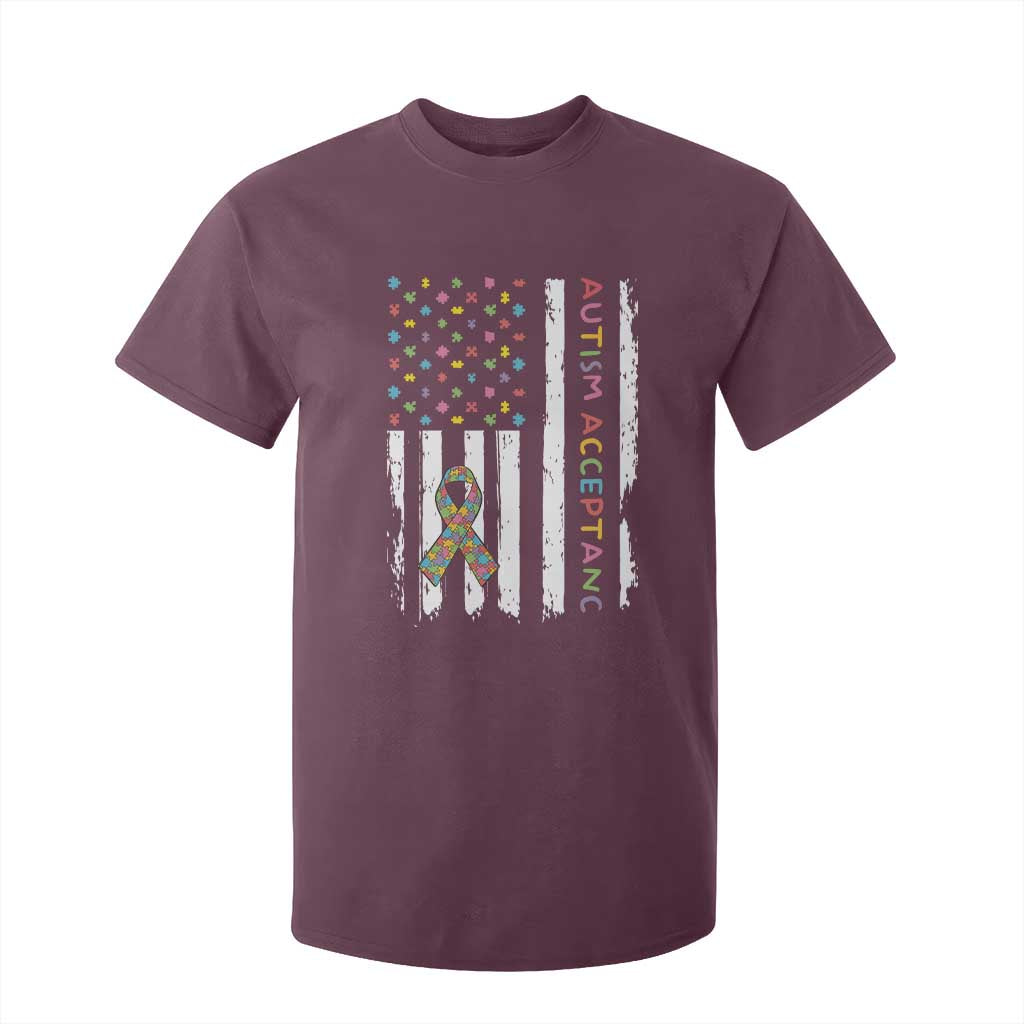 Autism Acceptance T Shirt For Kid American Flag Neurodivergent Support Ribbon Puzzle TS14 Maroon Print Your Wear
