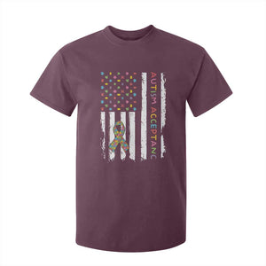 Autism Acceptance T Shirt For Kid American Flag Neurodivergent Support Ribbon Puzzle TS14 Maroon Print Your Wear
