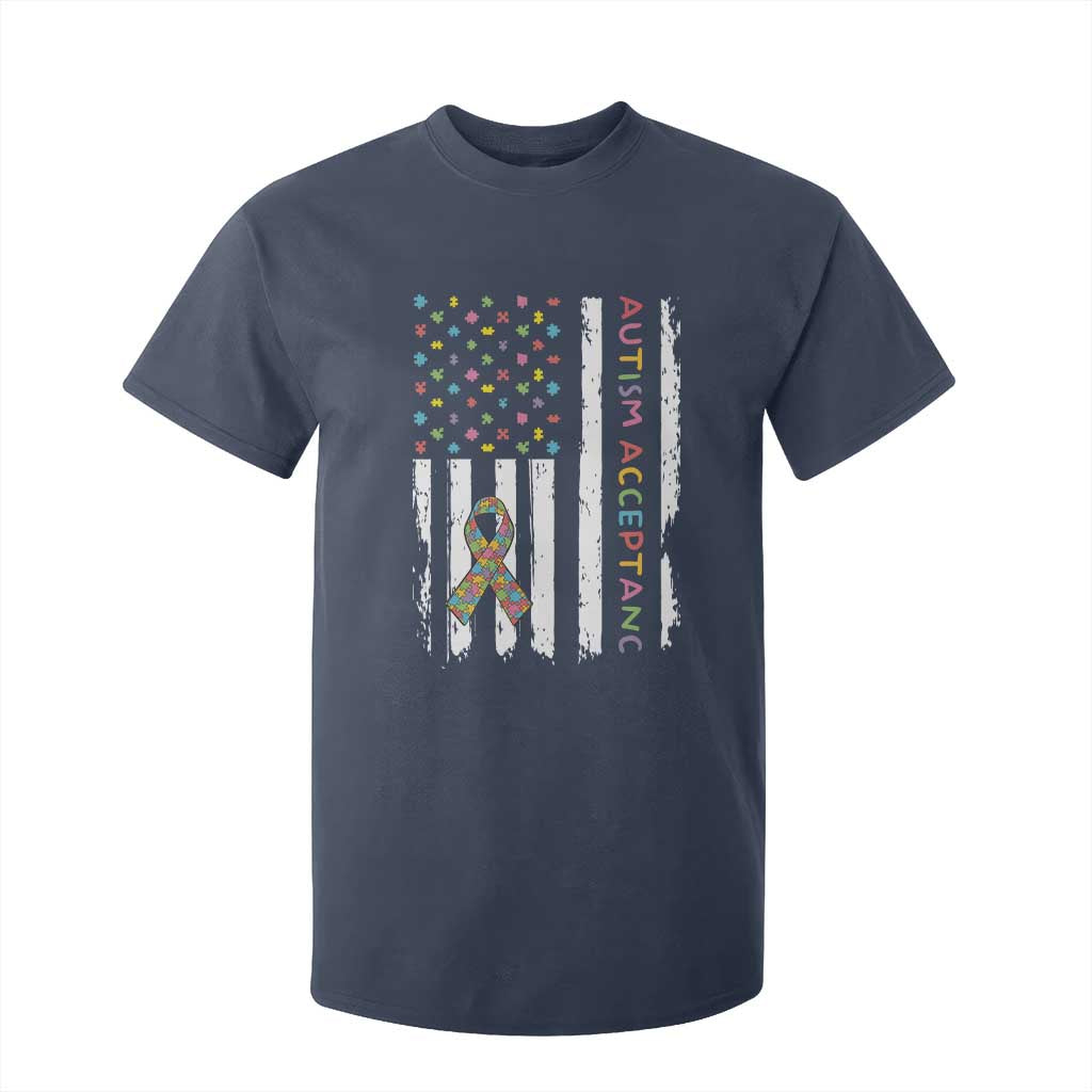 Autism Acceptance T Shirt For Kid American Flag Neurodivergent Support Ribbon Puzzle TS14 Navy Print Your Wear