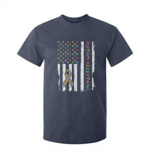 Autism Acceptance T Shirt For Kid American Flag Neurodivergent Support Ribbon Puzzle TS14 Navy Print Your Wear