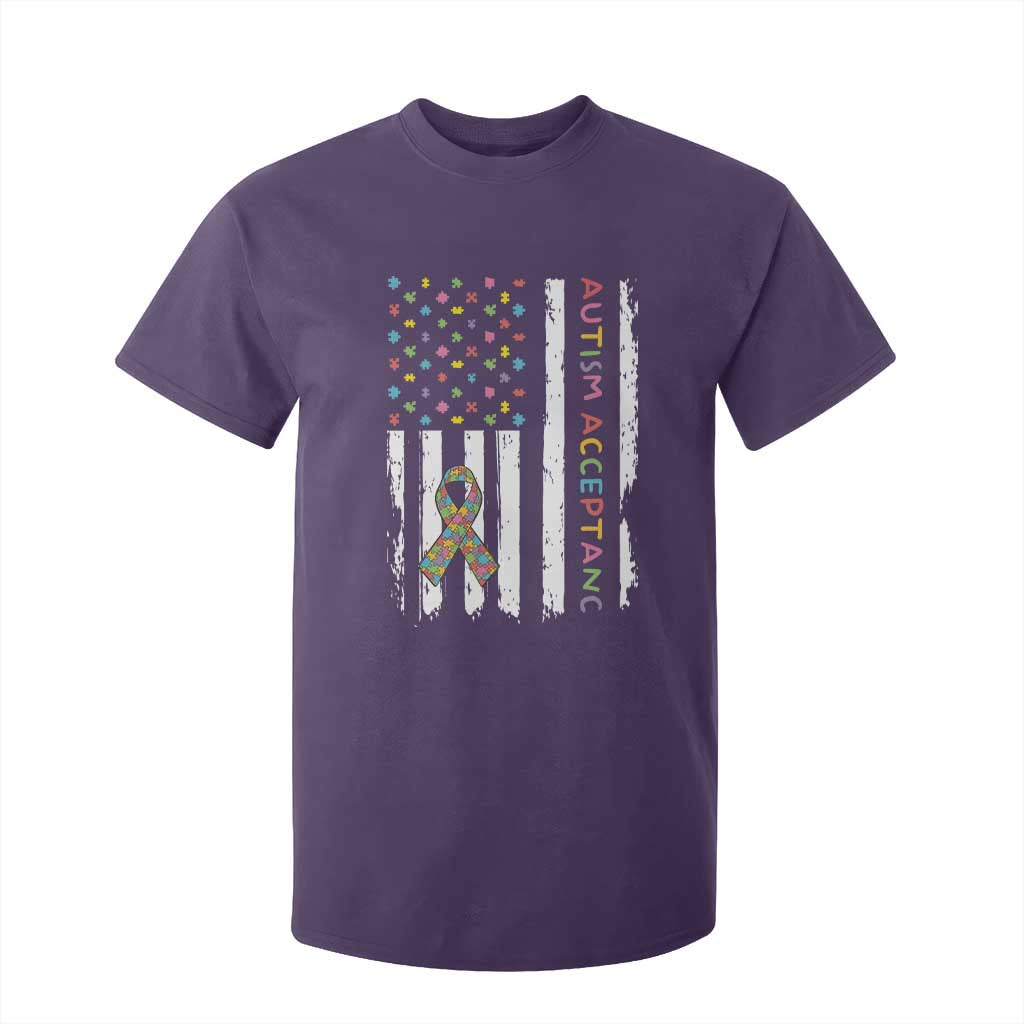 Autism Acceptance T Shirt For Kid American Flag Neurodivergent Support Ribbon Puzzle TS14 Purple Print Your Wear