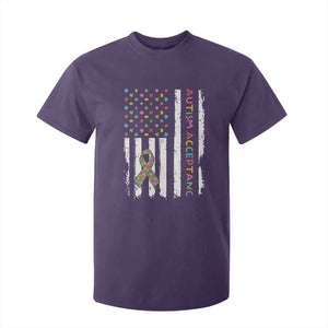 Autism Acceptance T Shirt For Kid American Flag Neurodivergent Support Ribbon Puzzle TS14 Purple Print Your Wear