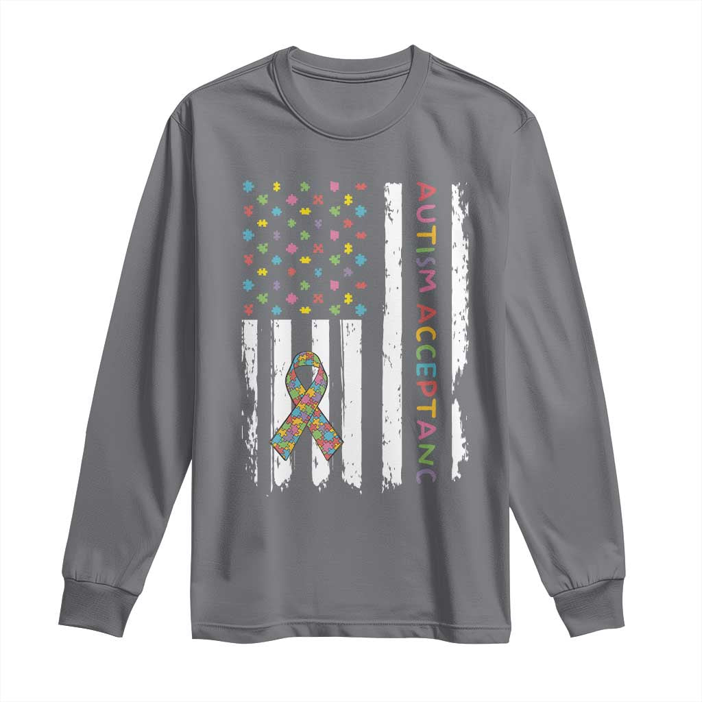 Autism Acceptance Long Sleeve Shirt American Flag Neurodivergent Support Ribbon Puzzle TS14 Charcoal Print Your Wear