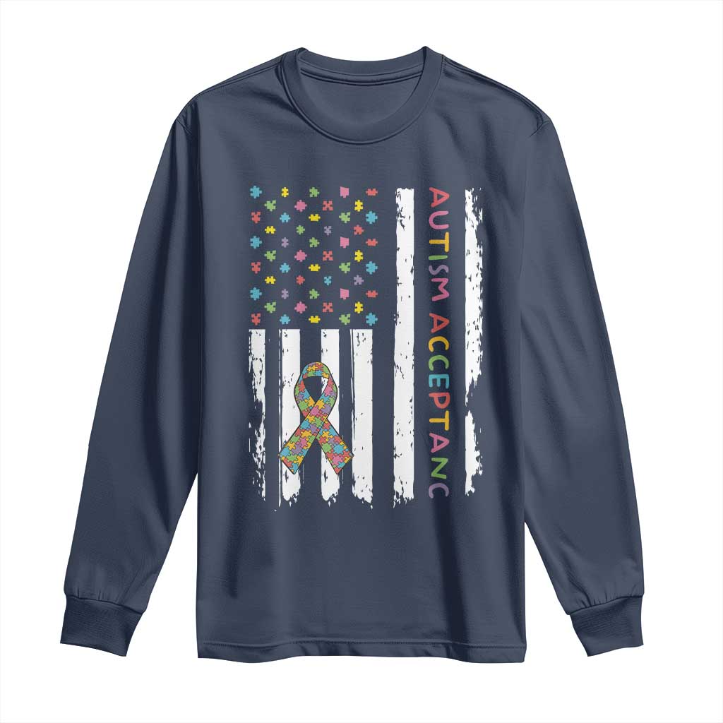 Autism Acceptance Long Sleeve Shirt American Flag Neurodivergent Support Ribbon Puzzle TS14 Navy Print Your Wear