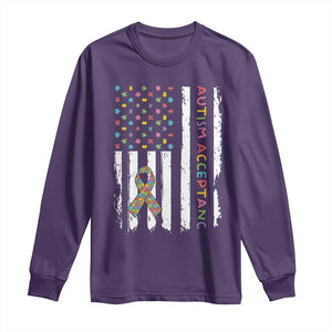 Autism Acceptance Long Sleeve Shirt American Flag Neurodivergent Support Ribbon Puzzle TS14 Purple Print Your Wear