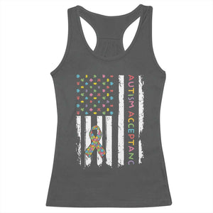 Autism Acceptance Racerback Tank Top American Flag Neurodivergent Support Ribbon Puzzle TS14 Dark Heather Print Your Wear