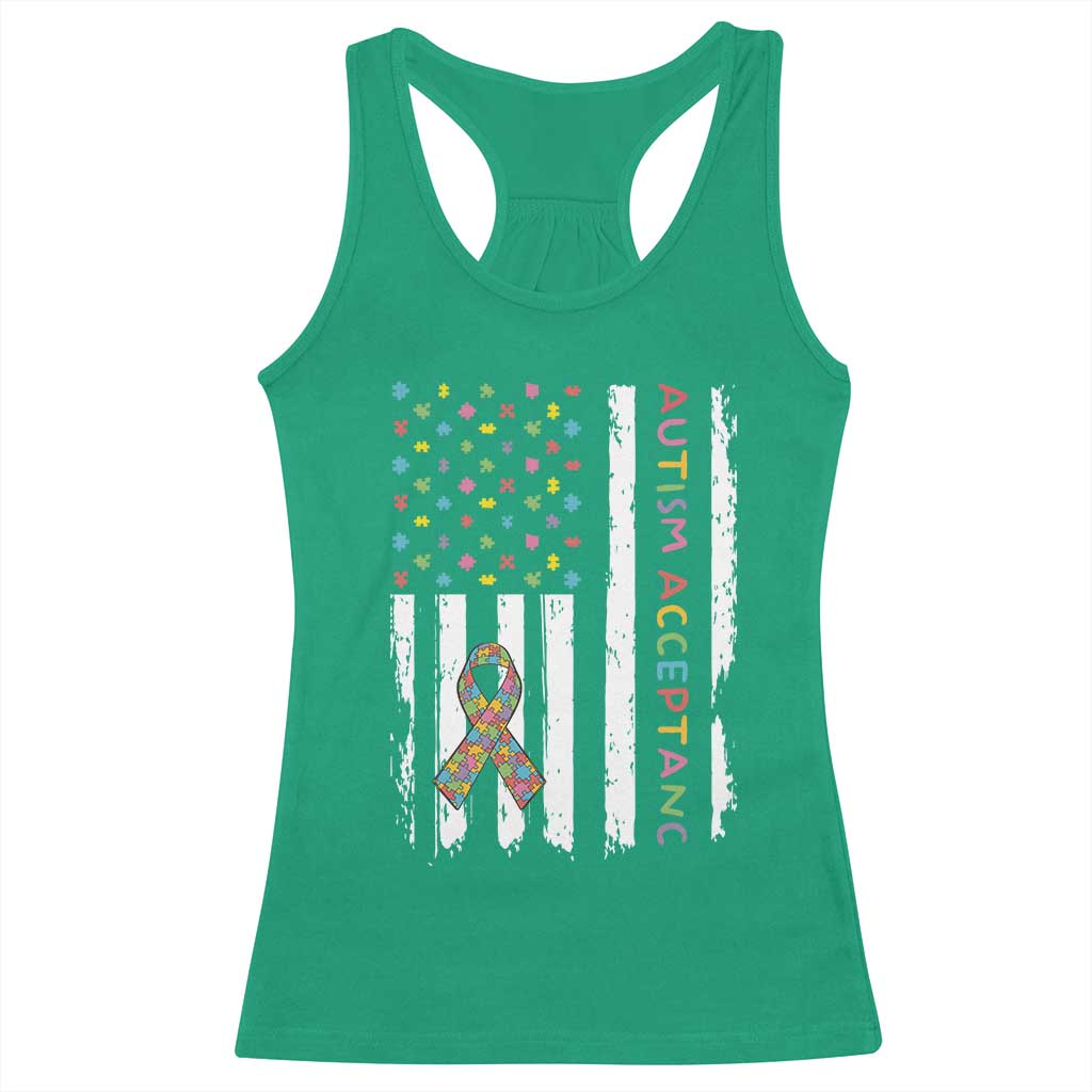 Autism Acceptance Racerback Tank Top American Flag Neurodivergent Support Ribbon Puzzle TS14 Irish Green Print Your Wear