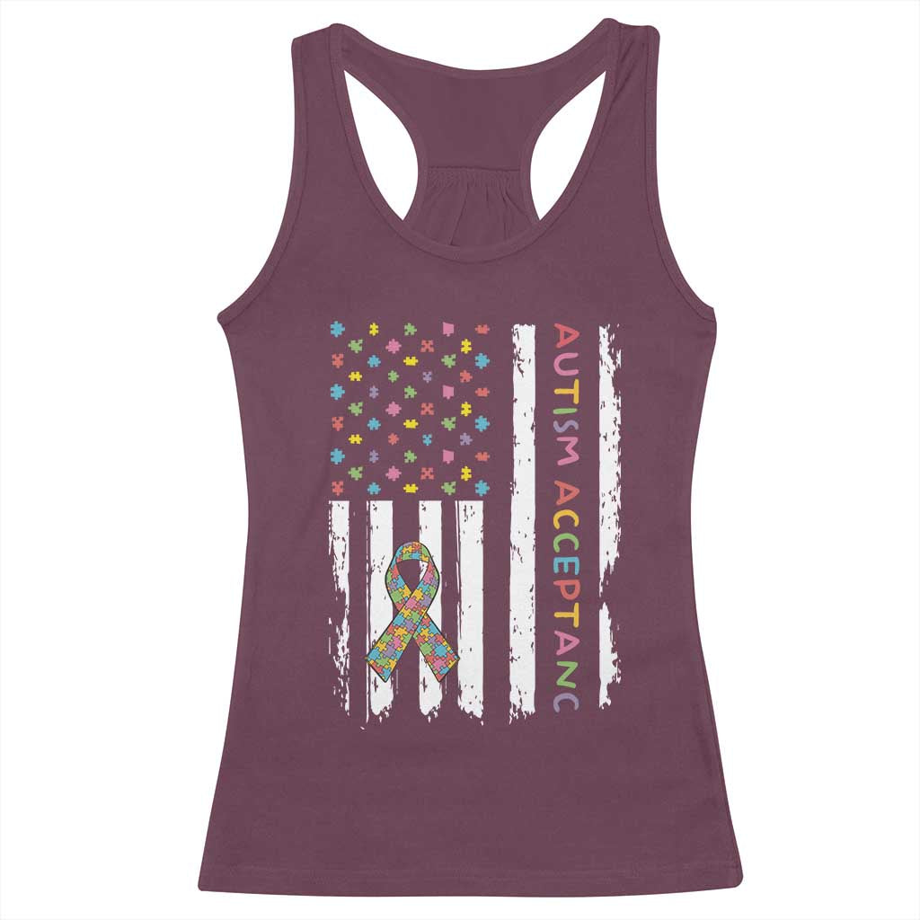 Autism Acceptance Racerback Tank Top American Flag Neurodivergent Support Ribbon Puzzle TS14 Maroon Print Your Wear