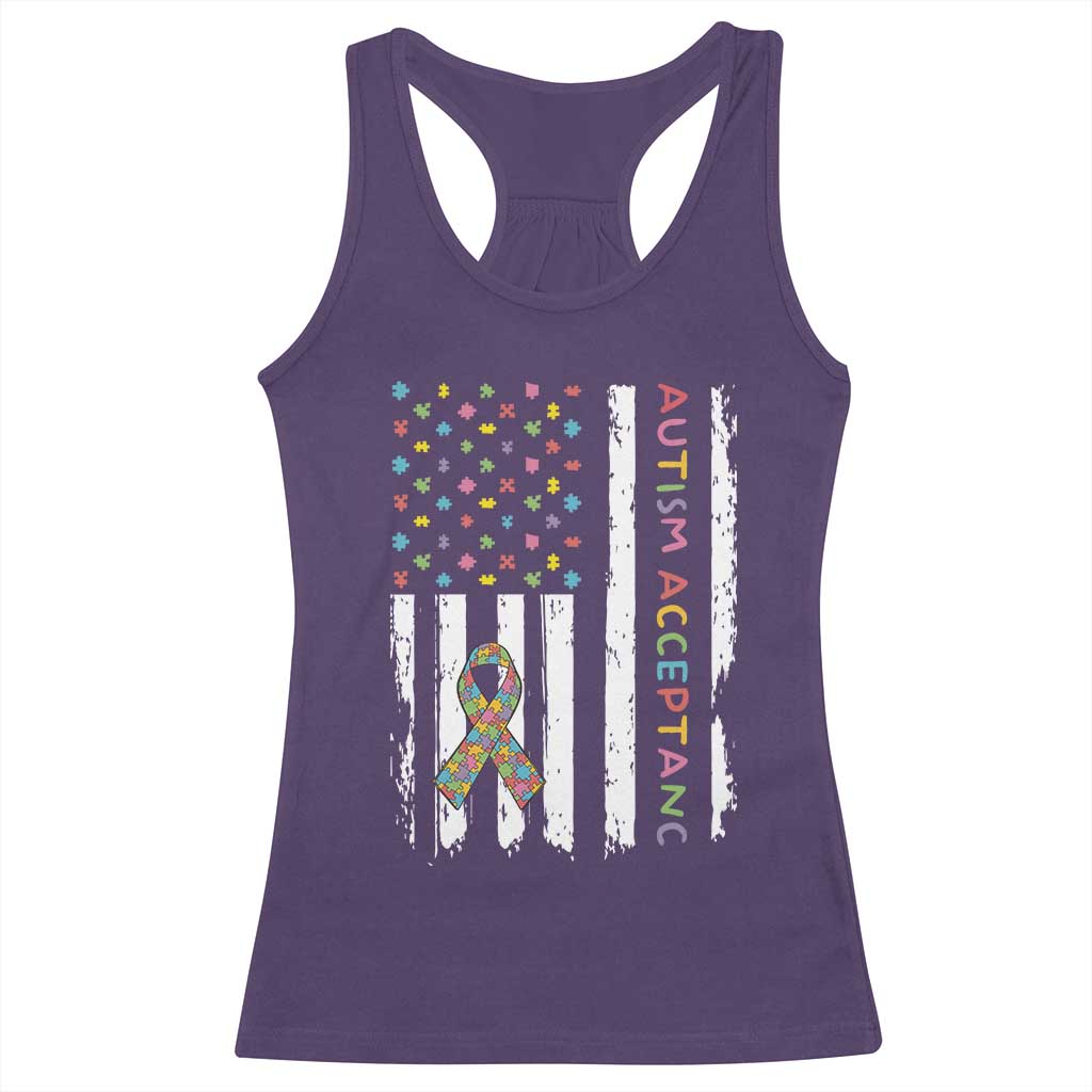 Autism Acceptance Racerback Tank Top American Flag Neurodivergent Support Ribbon Puzzle TS14 Purple Print Your Wear