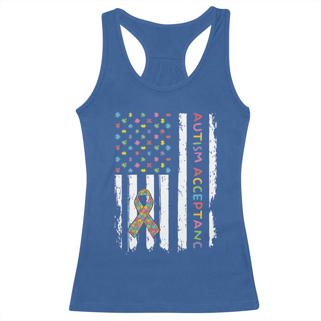 Autism Acceptance Racerback Tank Top American Flag Neurodivergent Support Ribbon Puzzle TS14 Royal Blue Print Your Wear