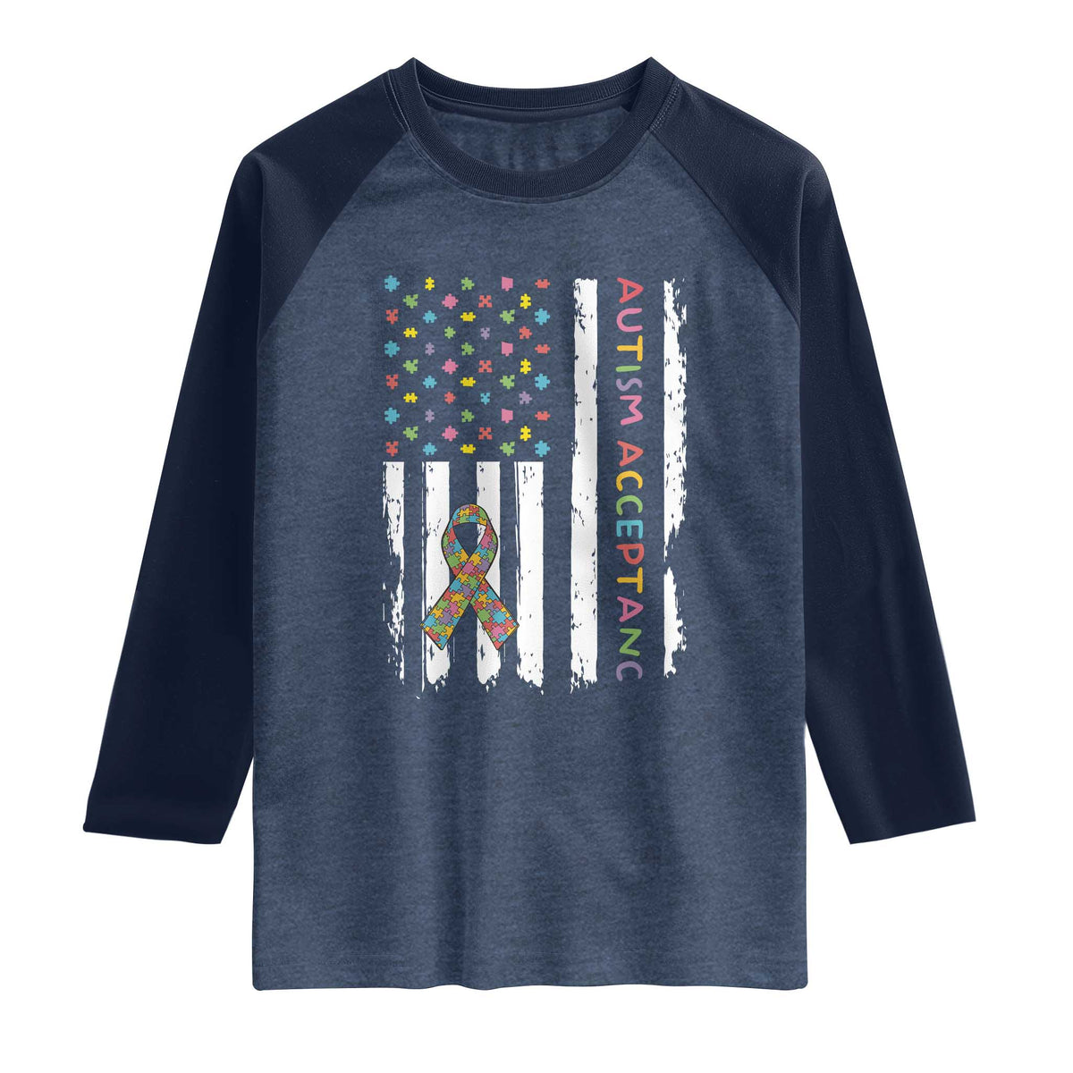 Autism Acceptance Raglan Shirt American Flag Neurodivergent Support Ribbon Puzzle TS14 Heather Denim Navy Print Your Wear