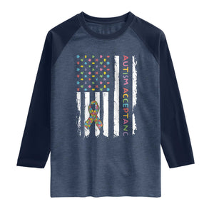 Autism Acceptance Raglan Shirt American Flag Neurodivergent Support Ribbon Puzzle TS14 Heather Denim Navy Print Your Wear