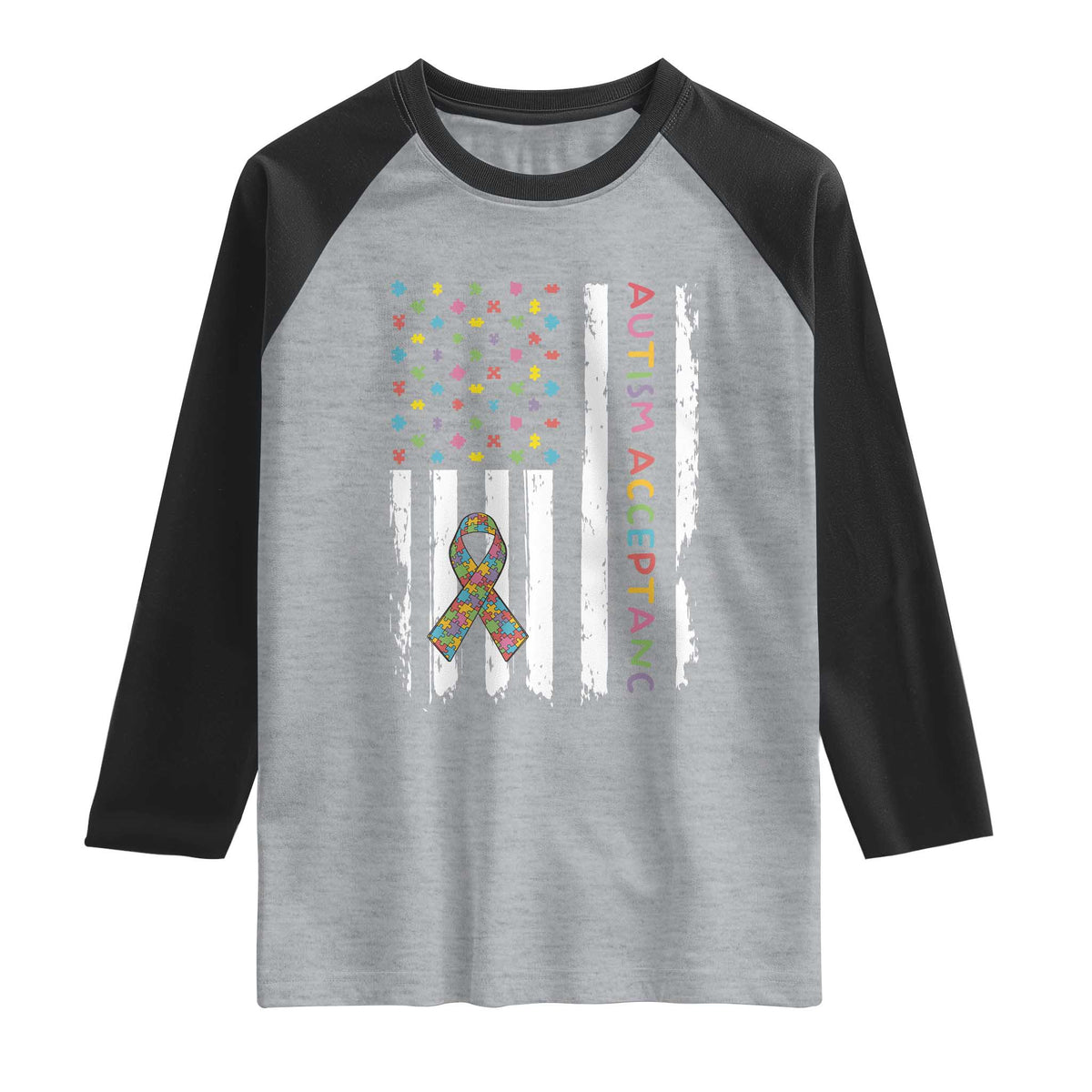 Autism Acceptance Raglan Shirt American Flag Neurodivergent Support Ribbon Puzzle TS14 Heather Gray Black Print Your Wear