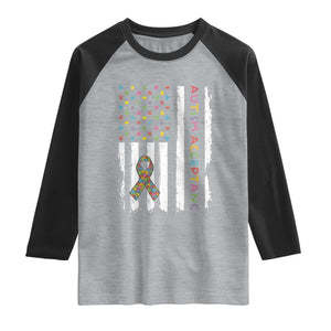 Autism Acceptance Raglan Shirt American Flag Neurodivergent Support Ribbon Puzzle TS14 Heather Gray Black Print Your Wear