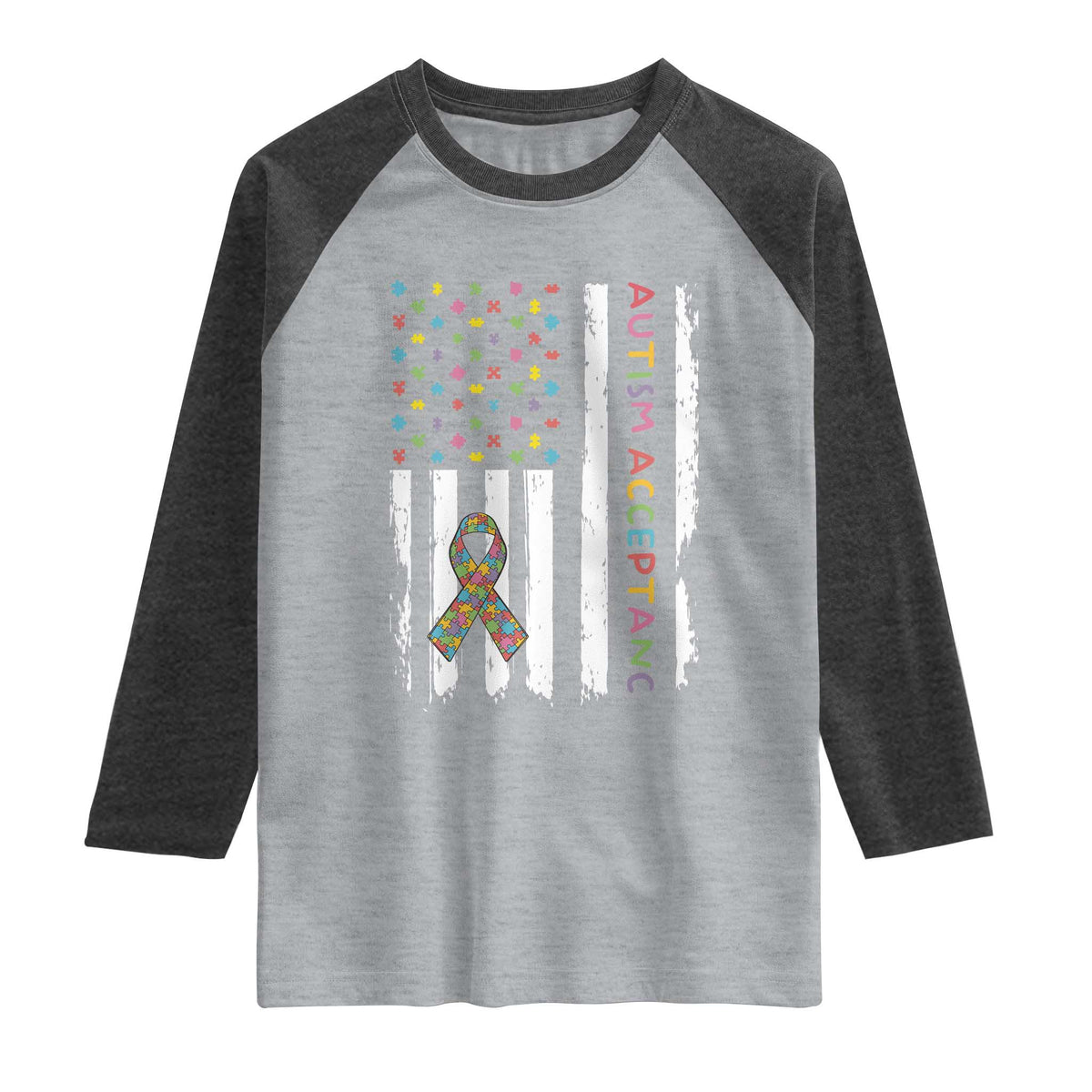 Autism Acceptance Raglan Shirt American Flag Neurodivergent Support Ribbon Puzzle TS14 Heather Gray Heather Charcoal Print Your Wear