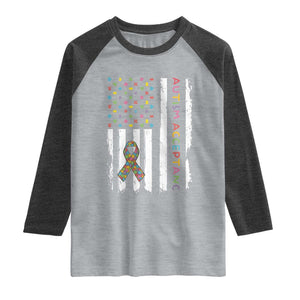 Autism Acceptance Raglan Shirt American Flag Neurodivergent Support Ribbon Puzzle TS14 Heather Gray Heather Charcoal Print Your Wear
