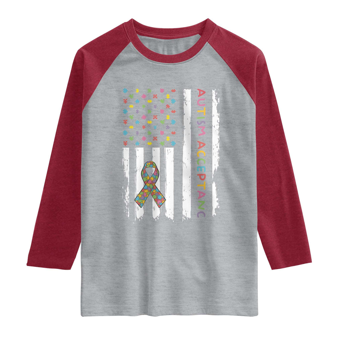 Autism Acceptance Raglan Shirt American Flag Neurodivergent Support Ribbon Puzzle TS14 Heather Gray Heather Red Print Your Wear