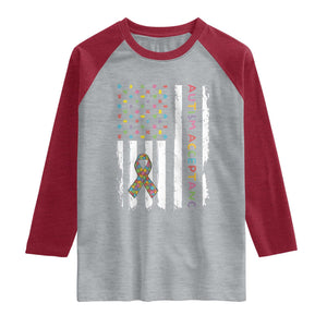 Autism Acceptance Raglan Shirt American Flag Neurodivergent Support Ribbon Puzzle TS14 Heather Gray Heather Red Print Your Wear