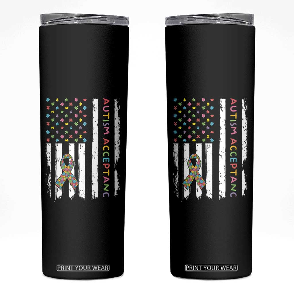Autism Acceptance Skinny Tumbler American Flag Neurodivergent Support Ribbon Puzzle TS14 Black Print Your Wear