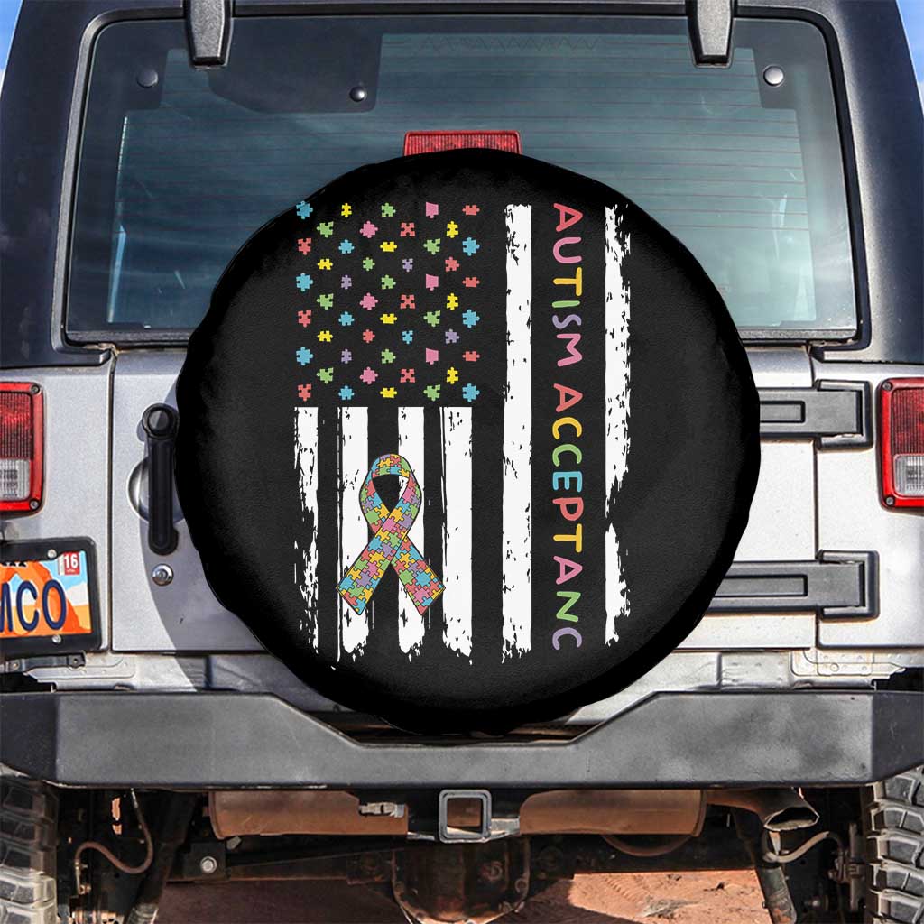 Autism Acceptance Spare Tire Cover American Flag Neurodivergent Support Ribbon Puzzle TS14 No hole Black Print Your Wear