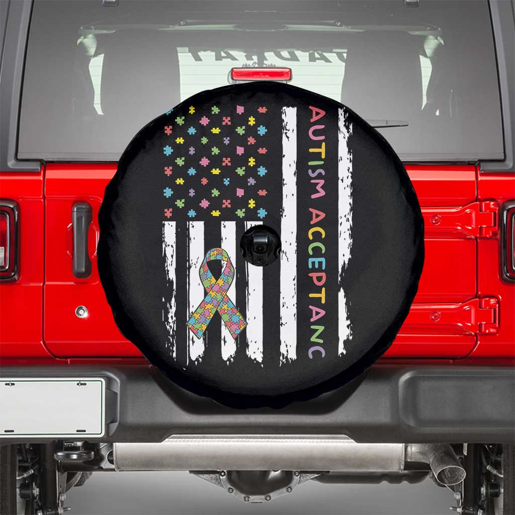 Autism Acceptance Spare Tire Cover American Flag Neurodivergent Support Ribbon Puzzle TS14 Black Print Your Wear
