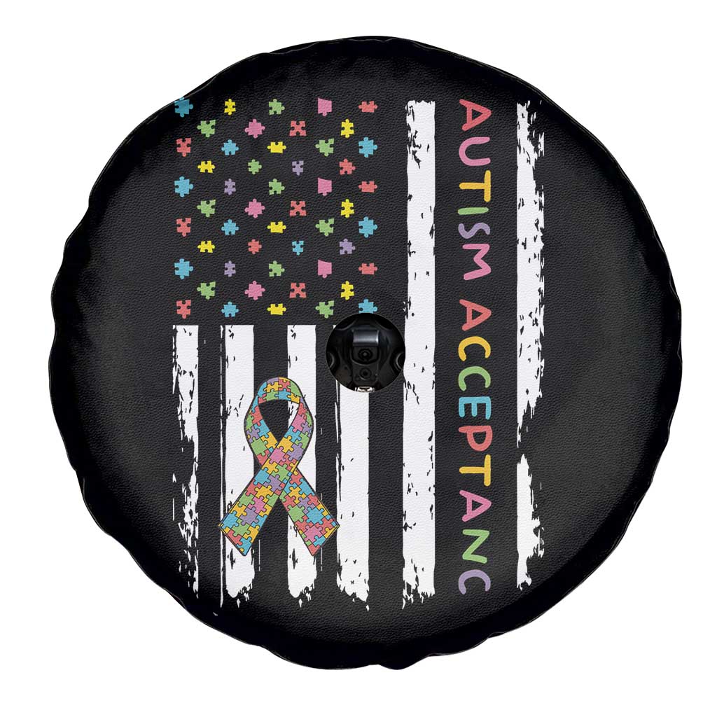 Autism Acceptance Spare Tire Cover American Flag Neurodivergent Support Ribbon Puzzle TS14 Print Your Wear