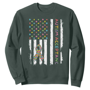 Autism Acceptance Sweatshirt American Flag Neurodivergent Support Ribbon Puzzle TS14 Dark Forest Green Print Your Wear
