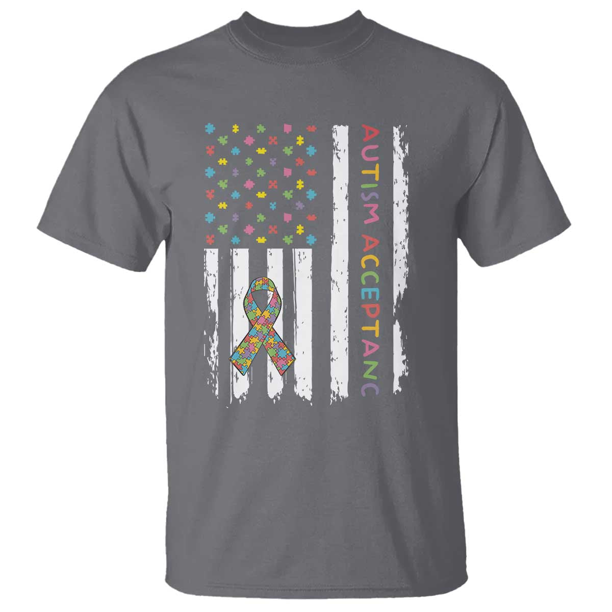 Autism Acceptance T Shirt American Flag Neurodivergent Support Ribbon Puzzle TS14 Charcoal Print Your Wear