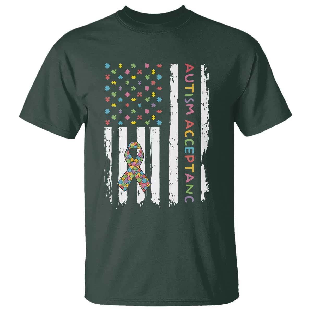 Autism Acceptance T Shirt American Flag Neurodivergent Support Ribbon Puzzle TS14 Dark Forest Green Print Your Wear