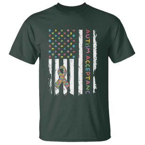 Autism Acceptance T Shirt American Flag Neurodivergent Support Ribbon Puzzle TS14 Dark Forest Green Print Your Wear