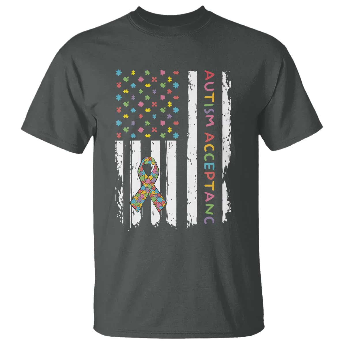 Autism Acceptance T Shirt American Flag Neurodivergent Support Ribbon Puzzle TS14 Dark Heather Print Your Wear