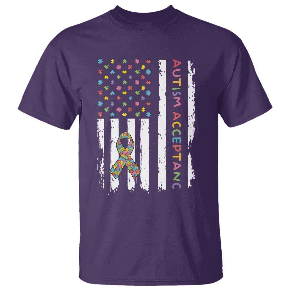 Autism Acceptance T Shirt American Flag Neurodivergent Support Ribbon Puzzle TS14 Purple Print Your Wear