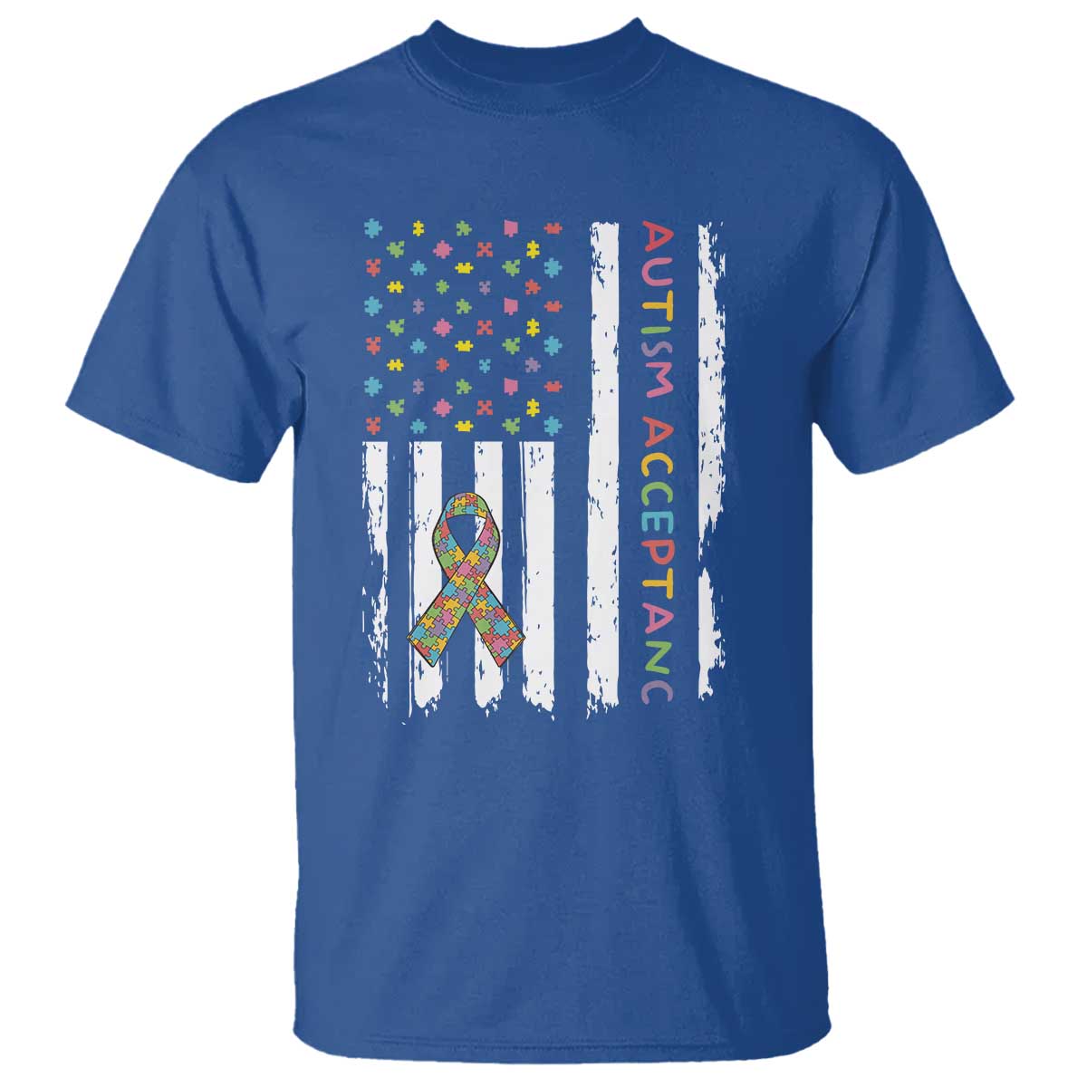 Autism Acceptance T Shirt American Flag Neurodivergent Support Ribbon Puzzle TS14 Royal Blue Print Your Wear