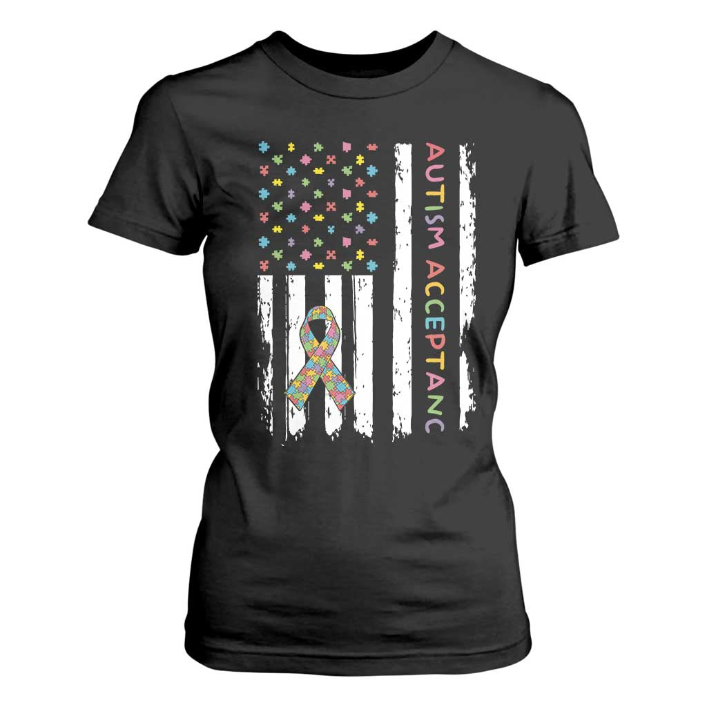 Autism Acceptance T Shirt For Women American Flag Neurodivergent Support Ribbon Puzzle TS14 Black Print Your Wear