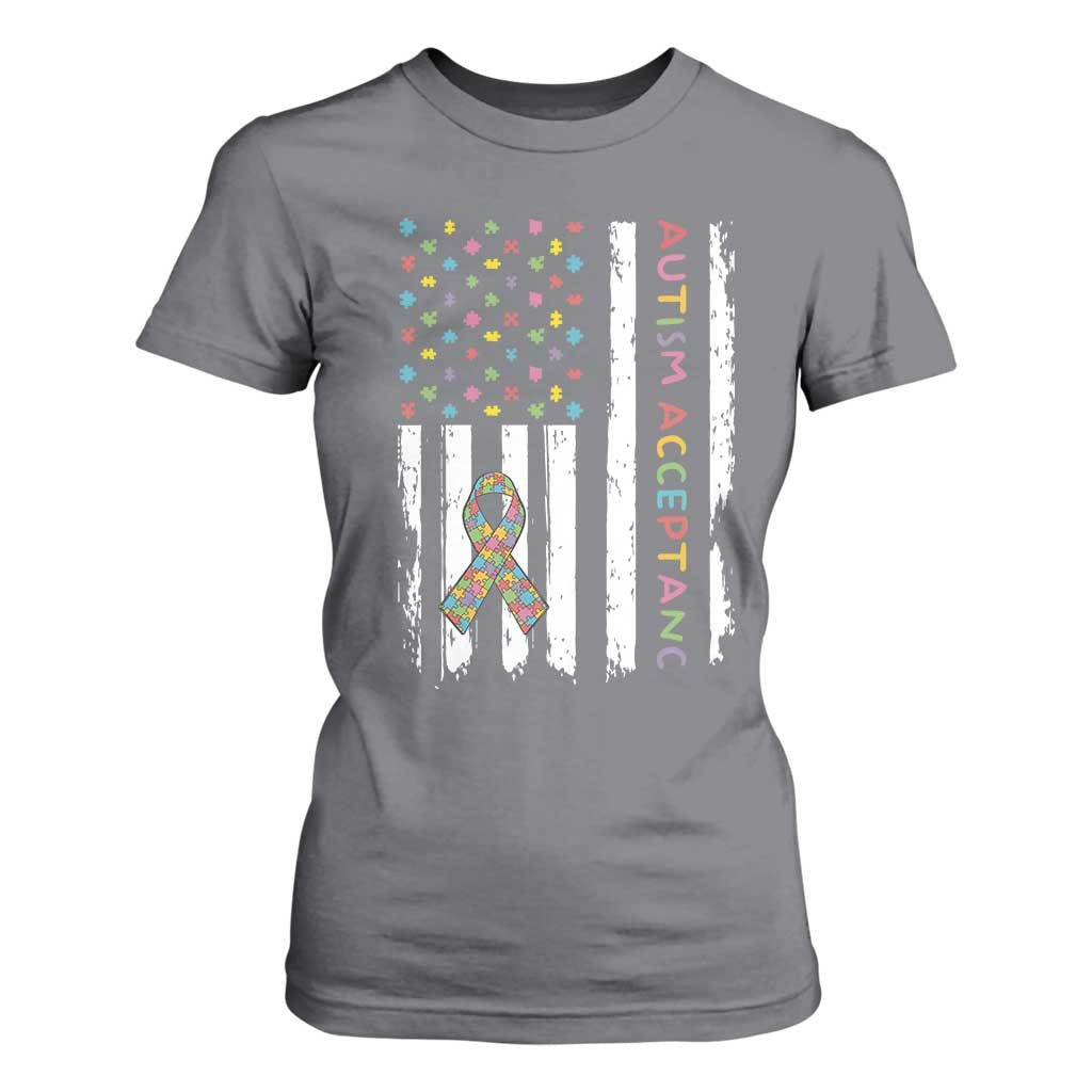 Autism Acceptance T Shirt For Women American Flag Neurodivergent Support Ribbon Puzzle TS14 Charcoal Print Your Wear