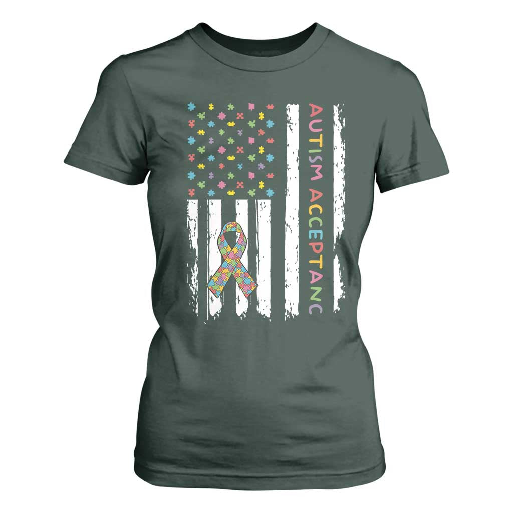 Autism Acceptance T Shirt For Women American Flag Neurodivergent Support Ribbon Puzzle TS14 Dark Forest Green Print Your Wear