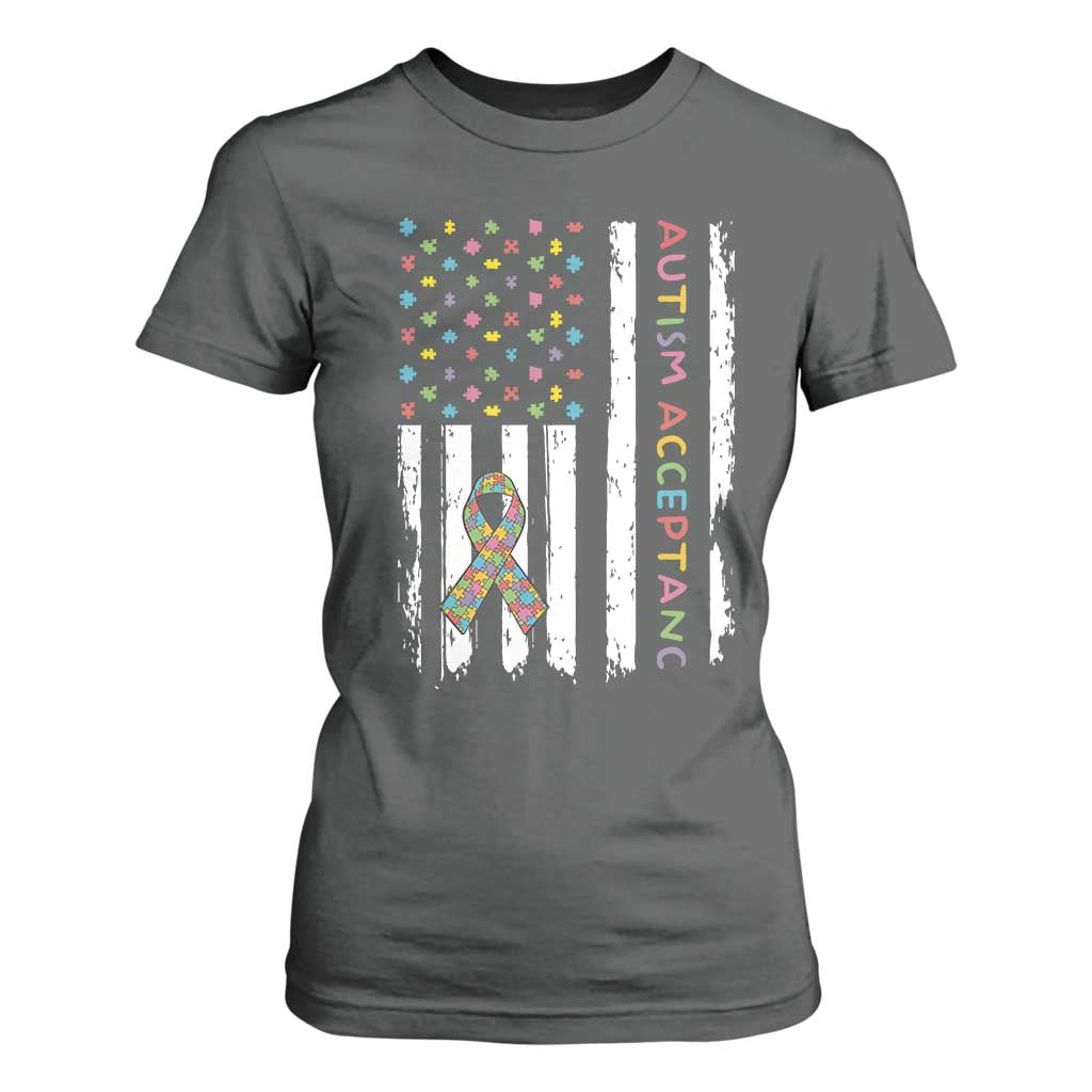 Autism Acceptance T Shirt For Women American Flag Neurodivergent Support Ribbon Puzzle TS14 Dark Heather Print Your Wear