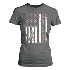 Autism Acceptance T Shirt For Women American Flag Neurodivergent Support Ribbon Puzzle TS14 Dark Heather Print Your Wear