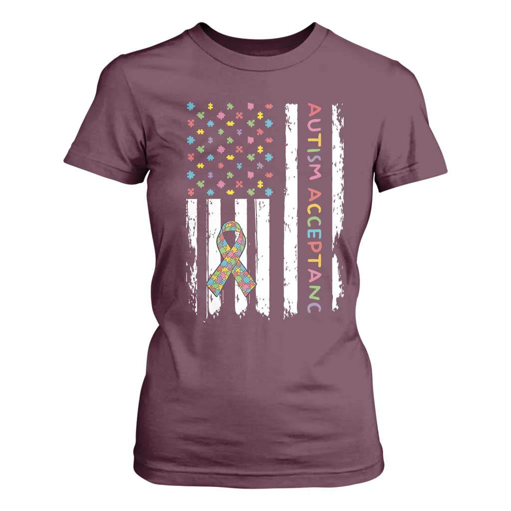 Autism Acceptance T Shirt For Women American Flag Neurodivergent Support Ribbon Puzzle TS14 Maroon Print Your Wear