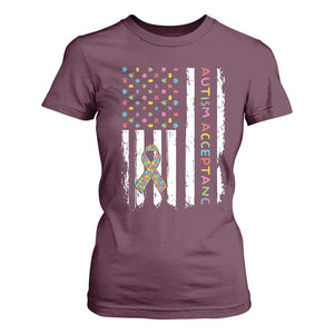 Autism Acceptance T Shirt For Women American Flag Neurodivergent Support Ribbon Puzzle TS14 Maroon Print Your Wear