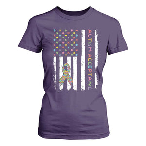 Autism Acceptance T Shirt For Women American Flag Neurodivergent Support Ribbon Puzzle TS14 Purple Print Your Wear