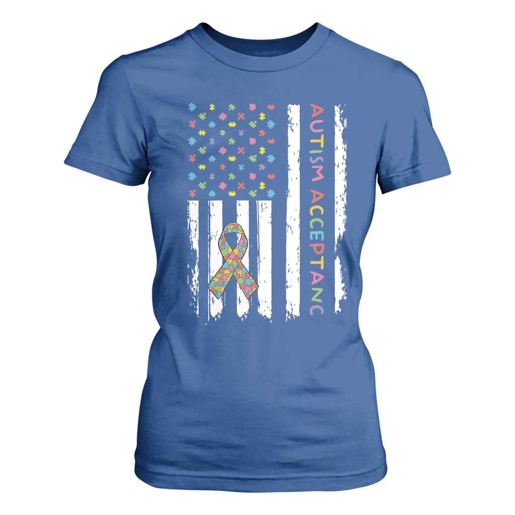 Autism Acceptance T Shirt For Women American Flag Neurodivergent Support Ribbon Puzzle TS14 Royal Blue Print Your Wear