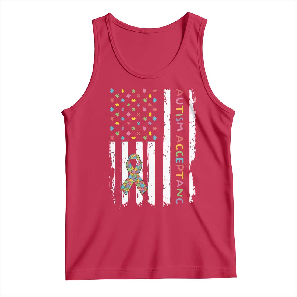 Autism Acceptance Tank Top American Flag Neurodivergent Support Ribbon Puzzle TS14 Red Print Your Wear
