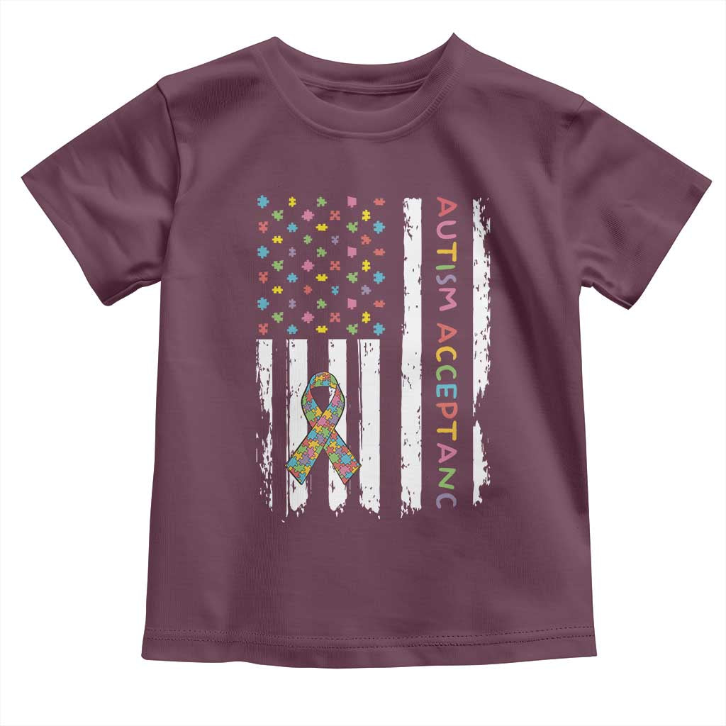 Autism Acceptance Toddler T Shirt American Flag Neurodivergent Support Ribbon Puzzle TS14 Maroon Print Your Wear