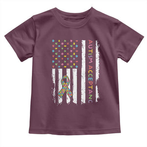 Autism Acceptance Toddler T Shirt American Flag Neurodivergent Support Ribbon Puzzle TS14 Maroon Print Your Wear