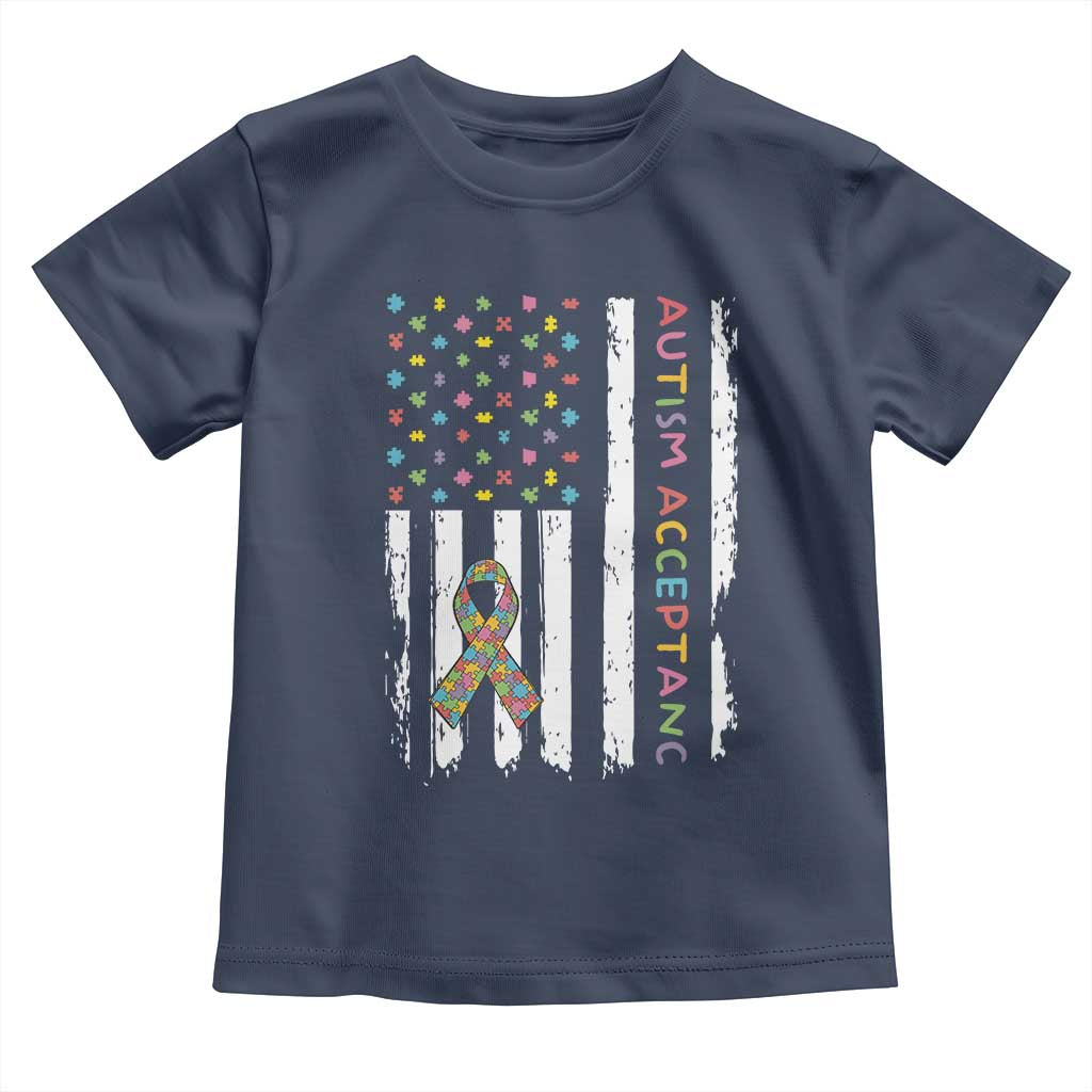 Autism Acceptance Toddler T Shirt American Flag Neurodivergent Support Ribbon Puzzle TS14 Navy Print Your Wear
