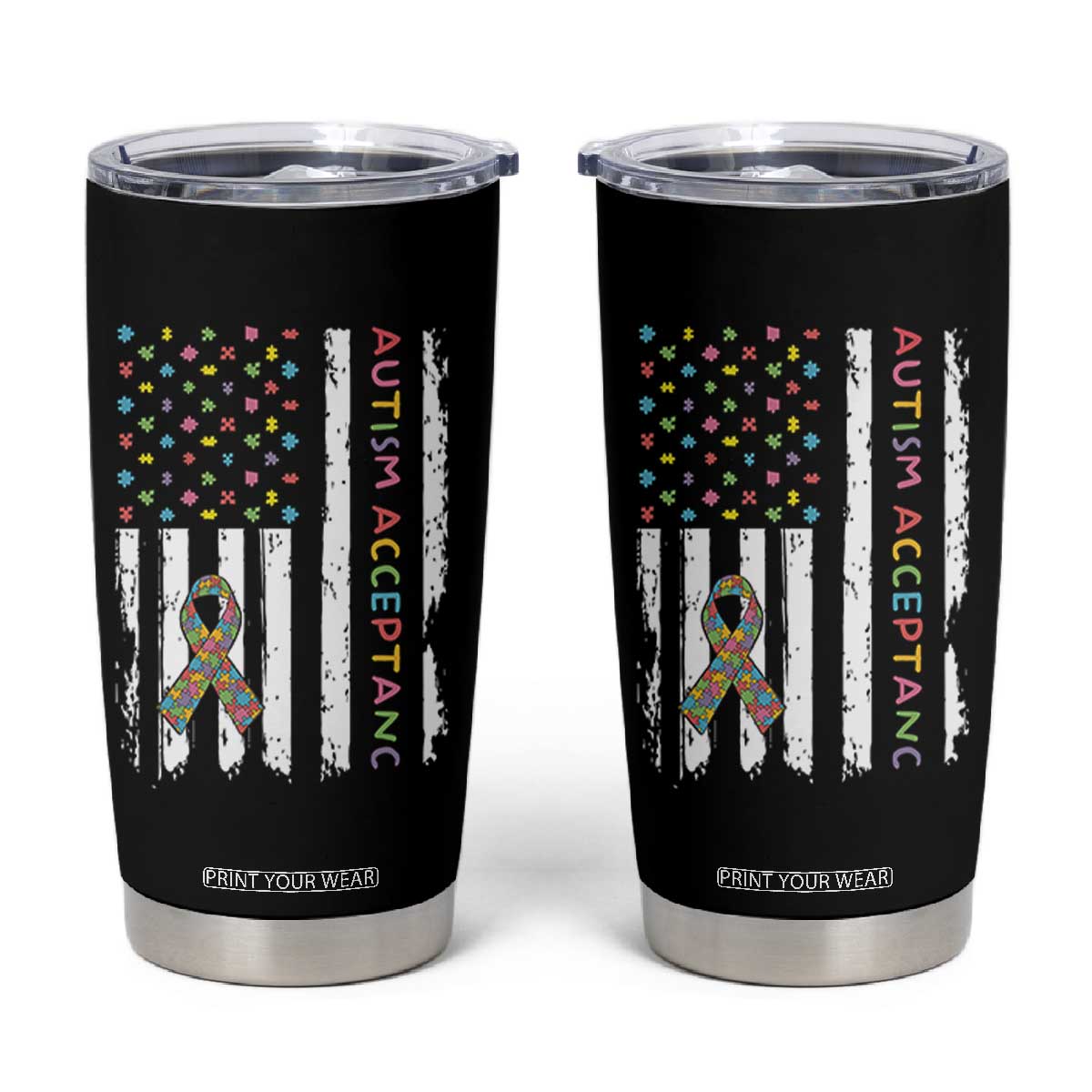 Autism Acceptance Tumbler Cup American Flag Neurodivergent Support Ribbon Puzzle TS14 Black Print Your Wear