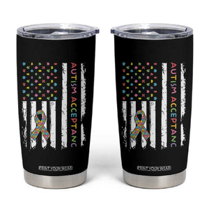 Autism Acceptance Tumbler Cup American Flag Neurodivergent Support Ribbon Puzzle TS14 Black Print Your Wear