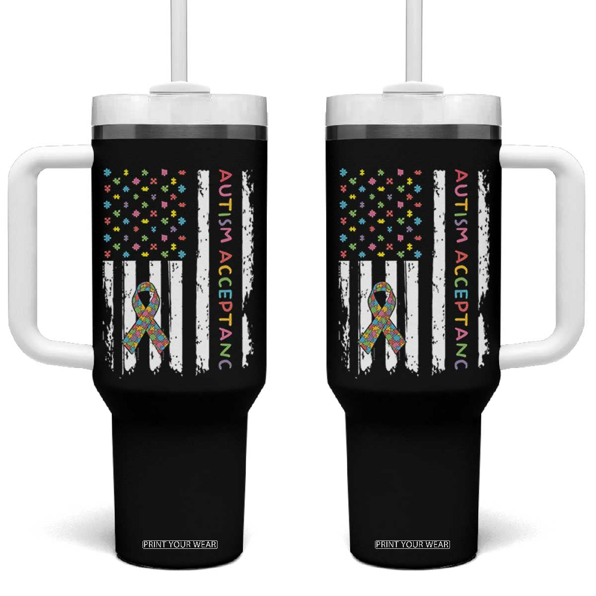 Autism Acceptance Tumbler With Handle American Flag Neurodivergent Support Ribbon Puzzle TS14 One Size: 40 oz Black Print Your Wear